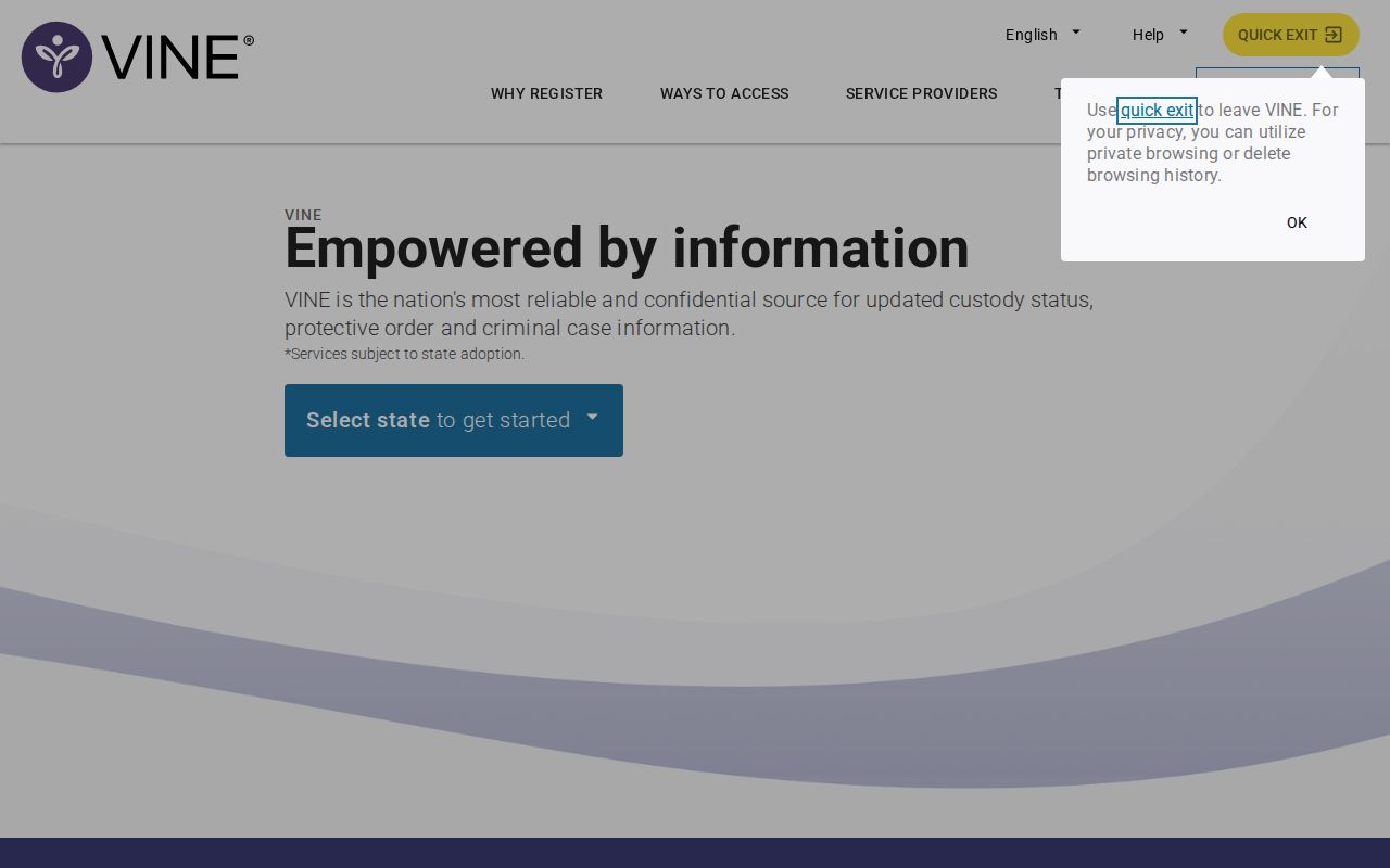 VINELink home screen used to begin a custody search and alert registration