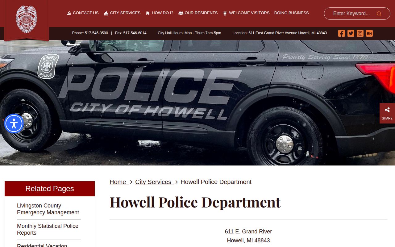 Official Howell Police Department webpage with department information