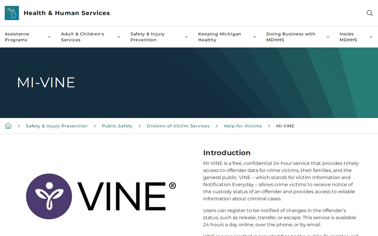 Michigan VINE custody notification page